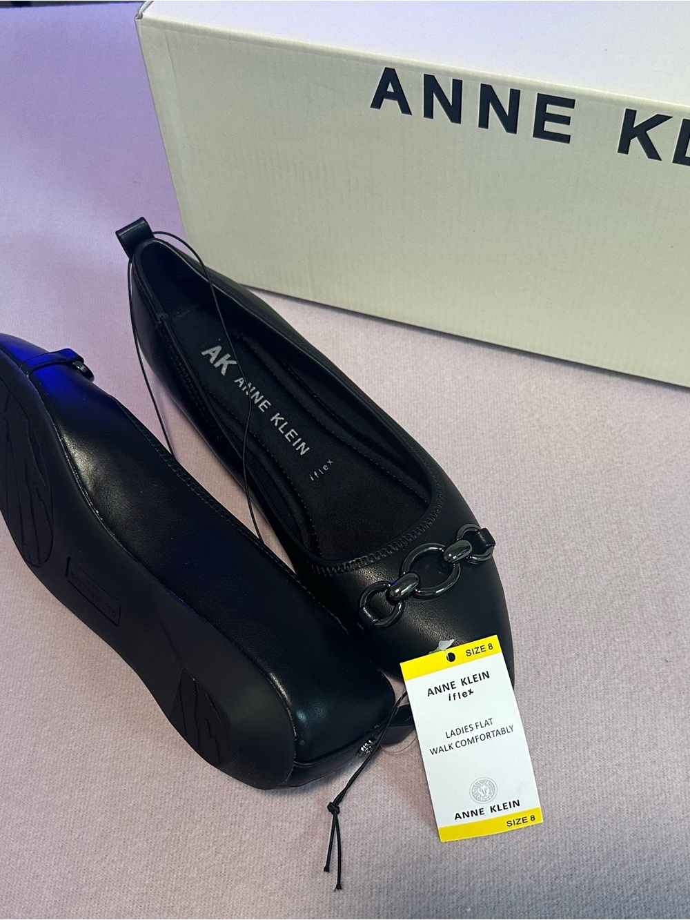 Anne Klein Black Chain-Link Leather Flats